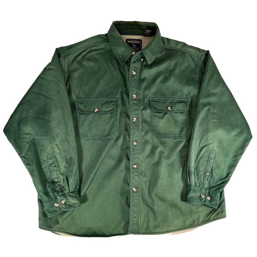 VTG WOOLRICH Green Button Up Fleece Lined Cotton Shirt Jacket Outdoor Mens XXL